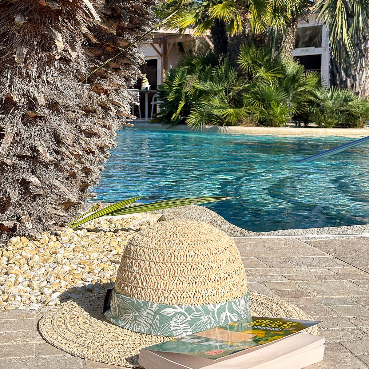 Chapeau et livre à côté d'une piscine